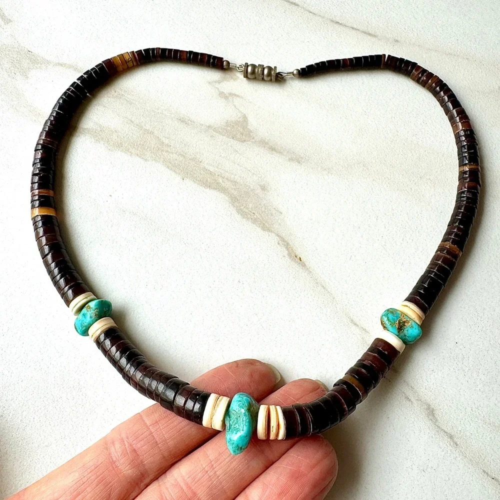 VTG Native Amer Heishe Necklace Turquoise 18in Choker Graduated Santo Domingo